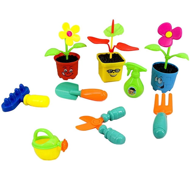 Ensemble de 9 Pcs d'Outils de Jardinage mini pour Enfants avec des Outils de Jardin Colorés pour Faire Semblant Incluant une Bidon d'Eau, une Bouteille Vaporisateur, une Pelle, un Râteau, une Fourchette et Trois Pots de Fleurs avec des Fleurs Vibrantes. Idéal pour le Développement Cognitif des Enfants, le Jeu Imaginatif et l'Apprentissage Précoce des Chiffres et des Couleurs. Jouets de Jardinage Parfaits pour Enfants.