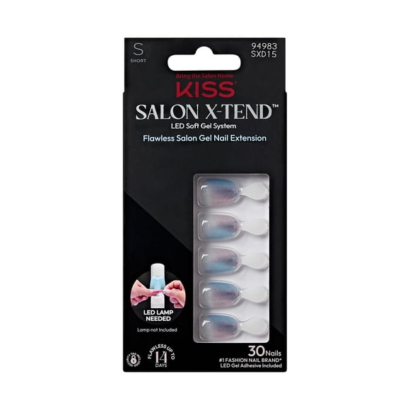 Kiss Salon X-Tend Kit d'Ongles en Gel Led Press On Nails 'changé' Multicolore Court Ovale 30 Faux Ongles Gel Doux Colle à Ongles 5 ml (0.16 Us Fl. Oz.) Tampon de Préparation Manucure & Mini Lime à Ongles