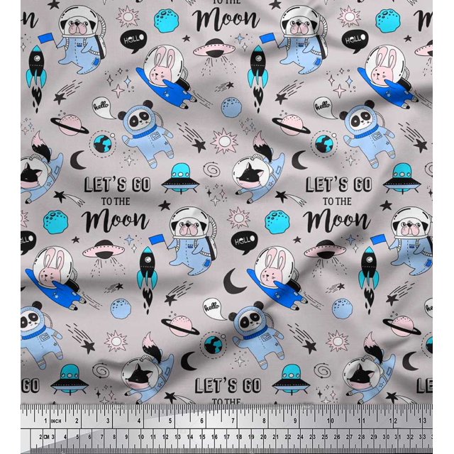 Soimoi Crepe Silk Fabric Planet,Rocket & Astronaut Animals Cartoon Print Fabric by Yard 42 Inch Wide