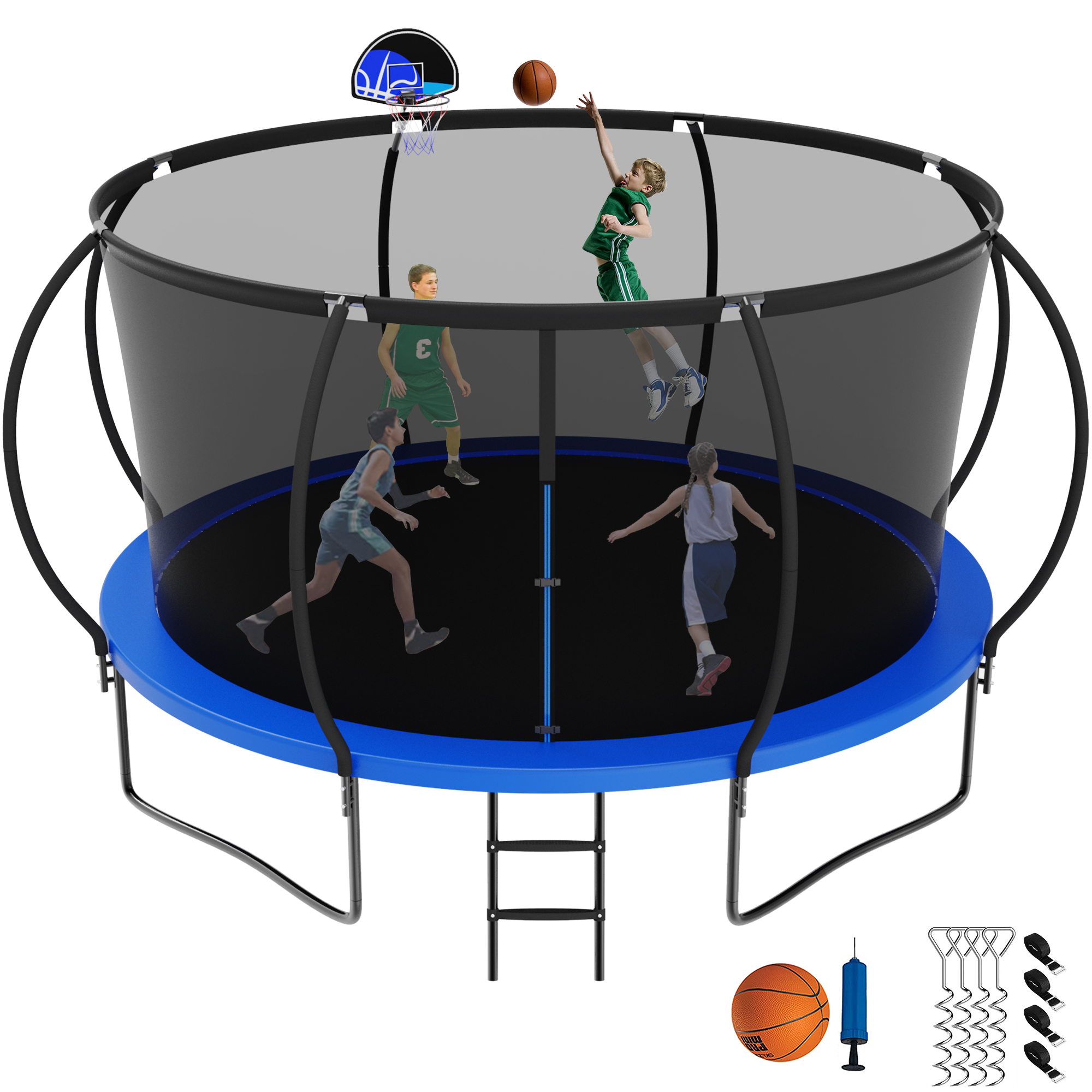 Jump Into Fun Trampoline 14FT, 1400LBS Trampoline for Adults Kids, Trampoline with Enclosure, Basketball Hoop, Wind Stakes & Ladder, Recreational Outdoor Heavy Duty Trampoline