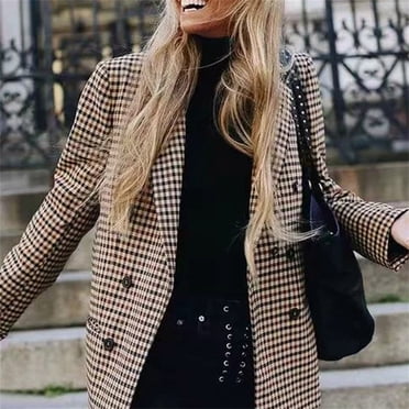 QIPOPIQ Veste Blazer Décontractée pour Femme à Revers, à Carreaux, à Double Boutonnage, Manteau de Complet en Vichy, Liquidation