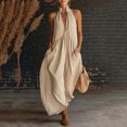 thumbnail image 1 of Elvqul Womens Dress Backless Maxi Dresses Beach Pocket Halter Pullover Cotton Linen Ruched Plain, 1 of 5