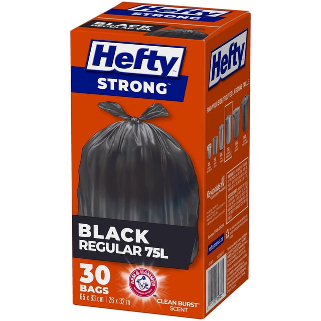 Hefty™ Garbage Bags, Strong Regular 75 Litres Black with EasyFlaps™ closure and Arm & Hammer odour neutralizer, 30 bags in orange box featuring tied black garbage bag image, dimensions 65 x 83 cm (26 x 32 in), Clean Burst scent, suitable for household waste disposal.