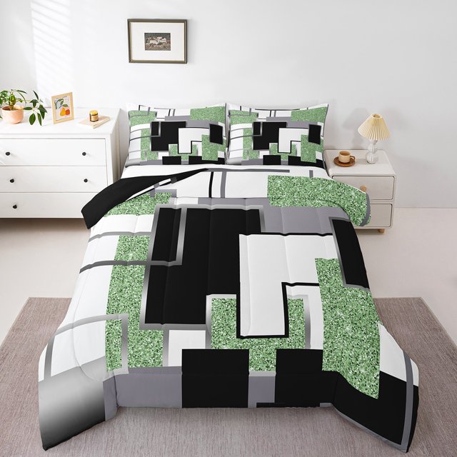 YST Lime Green Black Grey Comforter Set Queen Abstract Geometric Checkered Bedding Set Square Sequins Down Comforter For Kids Adults,Geometry Grid Bed Set For All Season Room Decor