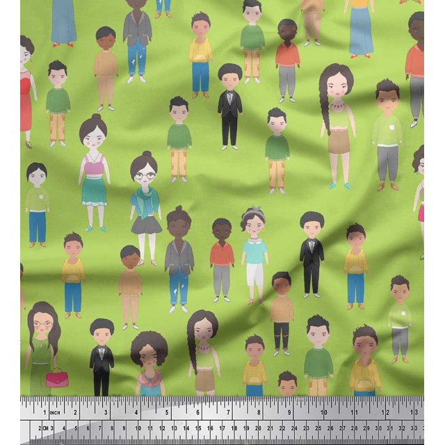 Soimoi Green Modal Satin Fabric Crowd Theme Human Figure Print Fabric by Yard 42 Inch Wide