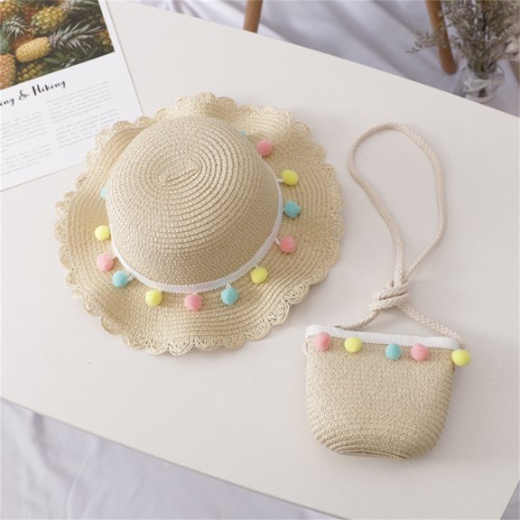 Straw Beach Sun Hat for Girls with Sunshade and Protective Sunscreen Bag