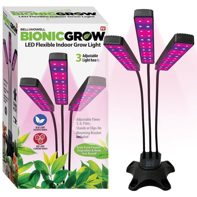 Bell + Howell Bionic Grow Light pour Plantes d'Intérieur avec Trois Têtes Lumineuses Ajustables sur Cols de Cygne Flexibles, Lumière UV à Spectre Complet et 8 Réglages de Luminosité. Offre une Lumière Bleue pour la Croissance Végétative, une Lumière Rouge pour les Stades de Floraison et des options de Minuterie Réglables de 3, 6 Ou 9 Heures. Conçu pour l'Hydroponie et le Jardinage Intérieur, avec une base Robuste et des options de Montage à Pince. Convient à la Culture d'Herbes, de Légumes et de Plantes Ornementales à l'Intérieur.