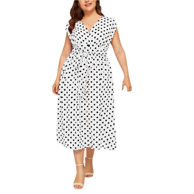 Fridja Robe Décontractée Sans Manches à Pois avec Ceinture à Boutons pour Femmes Grande Taille