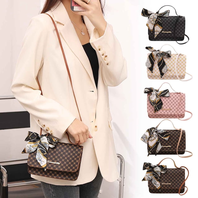 Vaidha One Shoulder Crossbody Bag Leather Large Capacity Multi Compartment Women Bag available in black, beige, pink, and brown. Each bag features a checkered pattern, a playful printed scarf tied to the handle, and a compact yet spacious design. A model is wearing the brown version crossbody style, paired with a cream blazer and casual outfit. Ideal for storing daily essentials like a smartphone, money, and cosmetics.