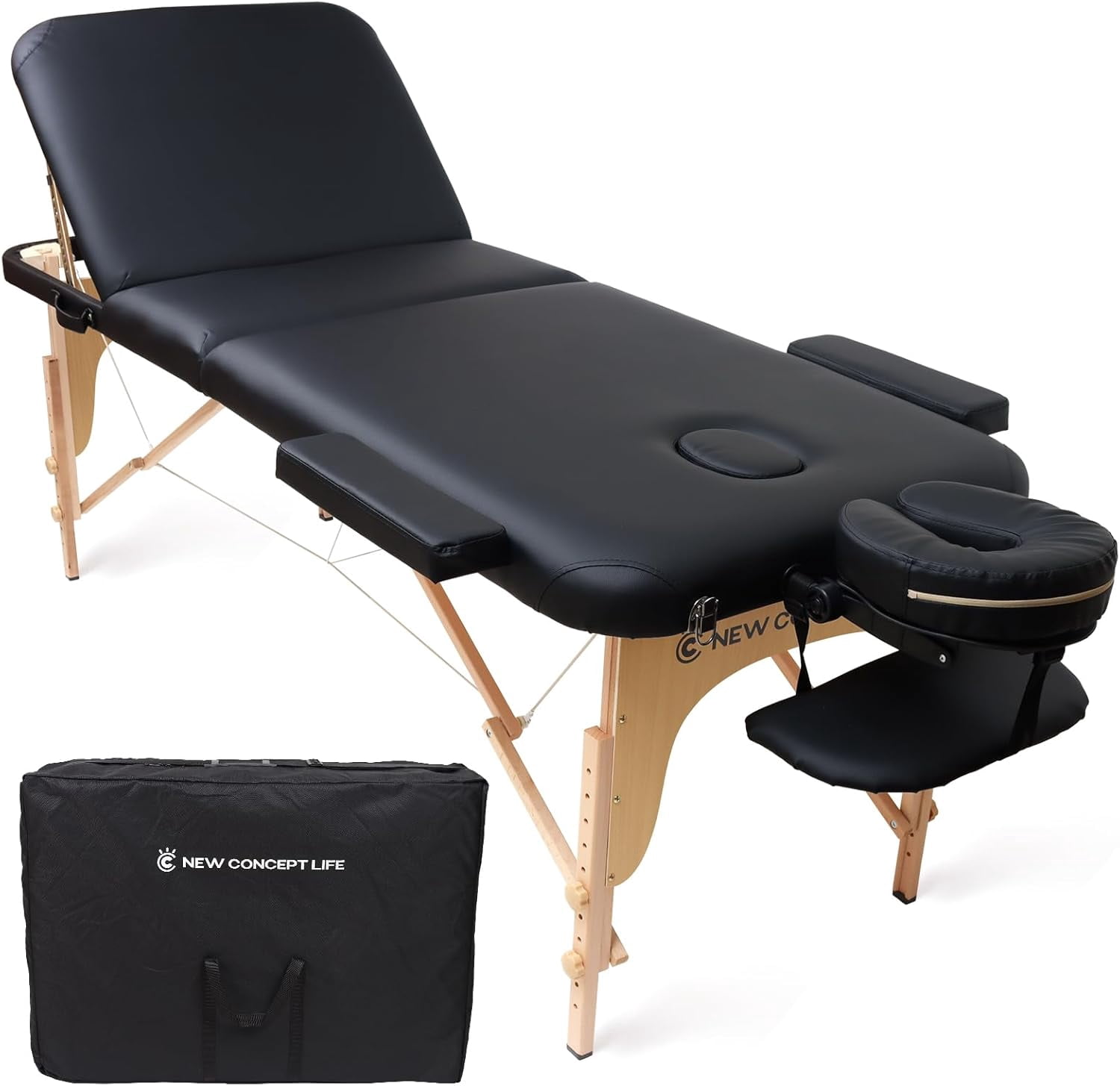 Extra-Wide Portable Massage Table, 3 Folding Professional SPA Massage Bed with Thick Cushion. 73" Length, 28" Width Height Adjustable SPA Bed with Face Cradle, Arm Rests & Carrying Bag (Beech, Black)