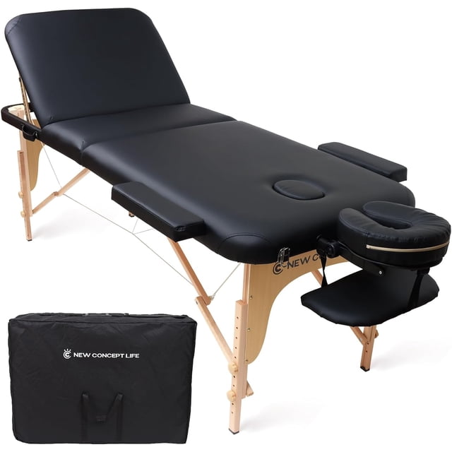Extra-wide portable massage table with a 3-folding design, featuring a 73-inch length and 28-inch width. This professional spa massage bed has a black cushioned surface with a face cradle, armrests, and height-adjustable legs for customizable comfort. Made with sturdy beech wood construction, it comes with a carrying bag for easy transport.