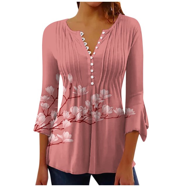 IROINID On Sale Plus Size Shirts for Women Crew Neck Long Sleeve Comfortable Trumpet Printed Buttoned Basic Ruched Tops Pleated T-shirts Blouses,Watermelon Red