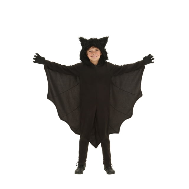 Costume de Chauve-Souris en Molleton pour Enfant avec une Combinaison en Molleton de polyester Noir avec des accents en Fausse Fourrure sur la Capuche, des Ailes de Chauve-Souris Attachées avec Détails Cousus et une Fermeture Éclair avant. Idéal pour l'Halloween, les Événements à Thème de Superhéros Ou les Fêtes Costumées. Gants Non Inclus.