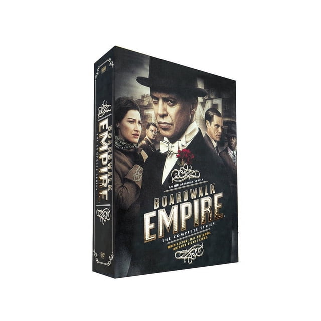 Boardwalk Empire: The Complete Series (DVD) box set featuring a stylized cover with a central figure in a suit and hat, surrounded by other characters. The title is prominently displayed in bold lettering, with decorative elements and the tagline 'When alcohol was outlawed, outlaws became kings.'