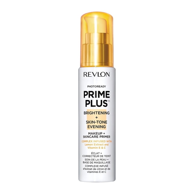 Revlon Photoready Prime Plus Éclaircissant + Maquillage de Soirée Ton Peau + Base de Soin en Bouteille Blanche avec Pompe Dorée et Bouchon Translucide, Infusé d'Extrait de Citron et de Vitamines E et C pour Créer une Toile Impeccable et Hydratée Qui Unifie le Teint et Améliore l'Éclat du Teint.
