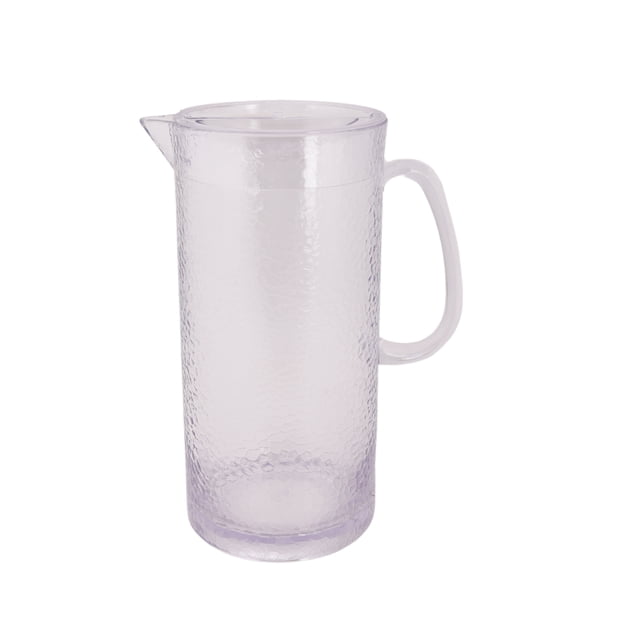 Hometrends Hammer Clear Acrylic Pitcher 2.62L with a clear hammered texture, cylindrical shape, sturdy handle, and pouring spout, made from durable acrylonitrile styrene copolymer, ideal serveware for dining and entertaining, often used for iced beverages.