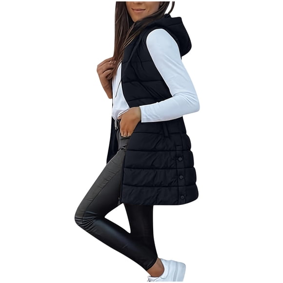 Pisexur Long Puffer Vest Women Sleeveless Quilted Jacket with Pockets Fall Fashion Zip Up Hooded Vest Outerwear Winter Warm Vest for Women S-2XL Black