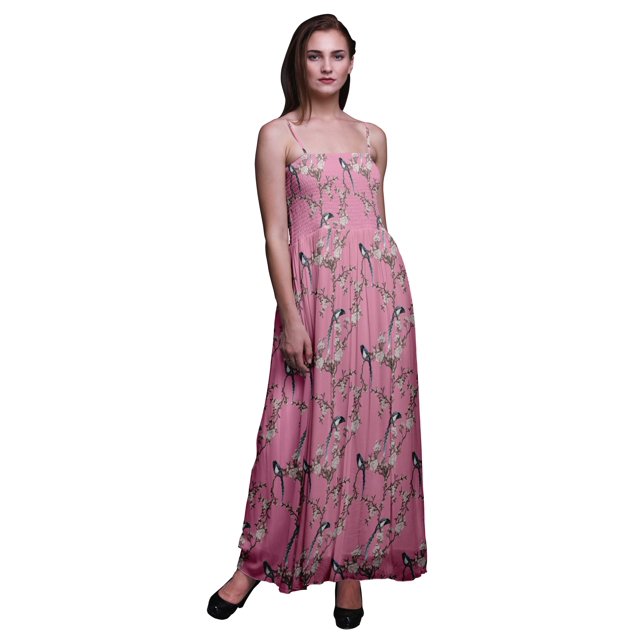 Bimba Blossom & Paradise Whydah Bird Bimba Robe à Bretelles Spaghetti Imprimée pour Femmes, Fluide, Smockée - Grand