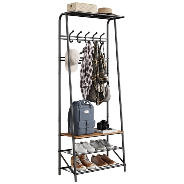 COZONY Coat Rack with Shoe Bench, 4-in-1 Hall Tree W/ 10 Hooks, Entryway Bench with Coat Rack, Sturdy Steel Frame, Versatile Furniture for Bedroom, Living Room, Apartment, 25.2"W,Brown
