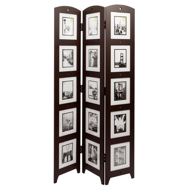 kieragrace KG Photo 3-Panel Room Divider with dark wood frame and three hinged panels, each holding four black and white photo frames vertically, serving as a privacy screen and room separator to divide space and display artwork in home décor.