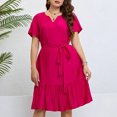 thumbnail image 1 of Ovzne Robes pour Femmes Robe d'Été pour Femmes Grande Taille à Manches Courtes Couleur Unie à Lacets Style Élégant Taille Cintrée Robe à Col en V Robe à Manches Courtes à Col en V Robe pour Femmes à Manches Courtes Liquidation, 1 of 7