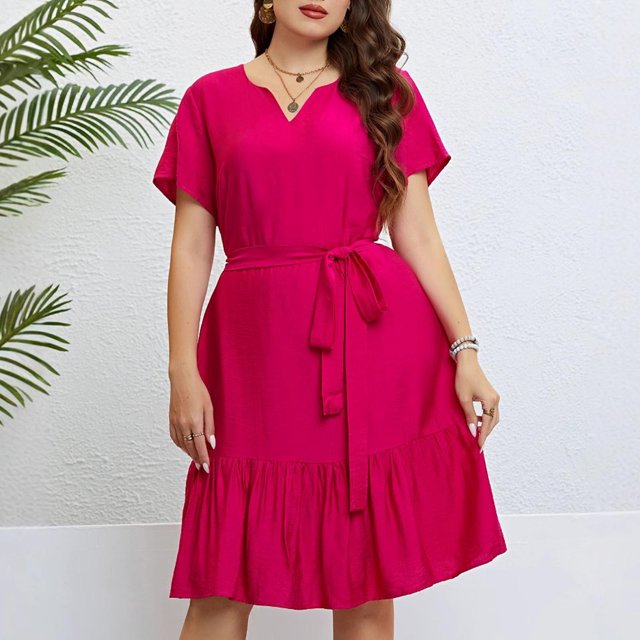 Ovzne Robes pour Femmes Robe d'Été pour Femmes Grande Taille à Manches Courtes Couleur Unie à Lacets Style Élégant Taille Cintrée Robe à Col en V Robe à Manches Courtes à Col en V Robe pour Femmes à Manches Courtes Liquidation