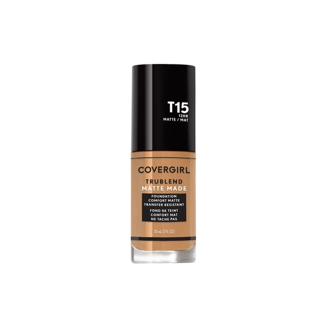 COVERGIRL Trublend Matte Made Foundation in shade T15, a 30 ml liquid foundation with a black cap, offering a natural matte finish that lasts up to 12 hours with transfer-resistant, oil-free formula that minimizes pores and imperfections, suitable for normal to oily skin and often used for long-lasting comfortable wear.