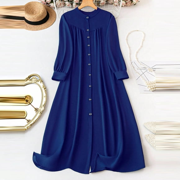 Heisall Womens Puff Sleeve Button Down Maxi Shirt Dresses Casual Loose Fit Tiered Swing A Line Cotton Long Shirt Dress