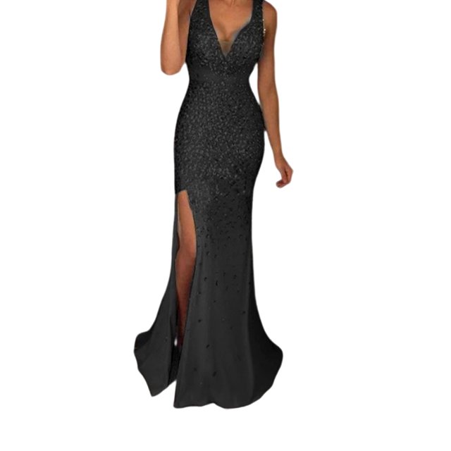 keepw Evening Dress Party Outfit Festive Clothing Long Ball Off Slit Fine Workmanship Washable Exquisite Beautiful Attractive Black L