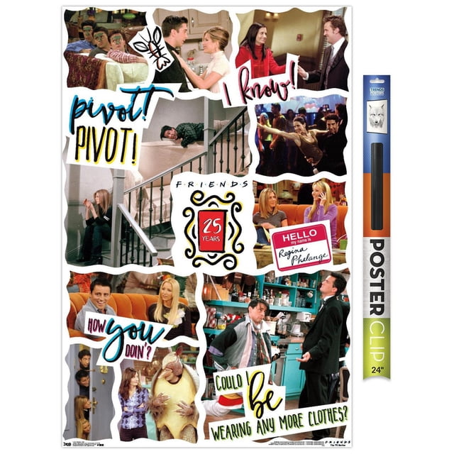 Friends - Affiche Murale du 25e, 22,375 Po x 34 Po Comprenant un collage de Scènes Emblématiques et de Citations de l'Émission Télé Friends, Incluant la Scène de Canapé « Pivot! Pivot! », la Ligne « I know! », le Slogan « How you doin'? » et la phrase « Could I be wearing any more clothes? », avec Texte Coloré Écrit à la Main et un Emblème d'Anniversaire de 25 Ans, Imprimée sur Papier Brillant avec Pinces d'Affiche Incluses pour une Suspension