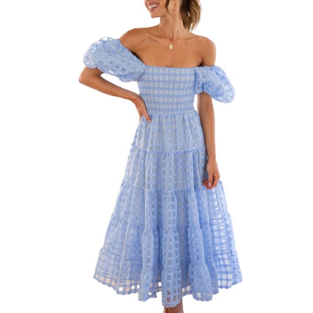 Faithtur Femmes Été Décontracté une Ligne Robe Courte Puff Manches sur l'Épaule Midi Plaid Robe