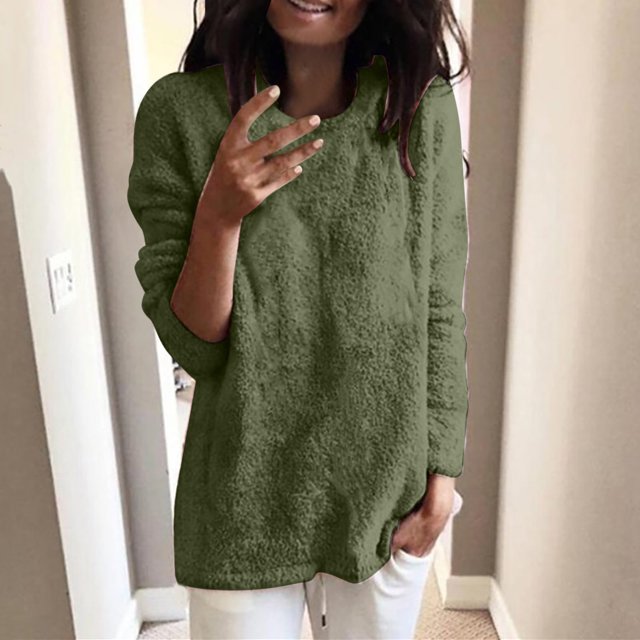 Jsaierl Chandails en Molleton pour Femmes Décontractés Col Rond Chandails en Molleton Grande Taille Manches Longues Chandail Automne Hiver Hauts Chauds Couleur Unie Chemises Douces et Confortables