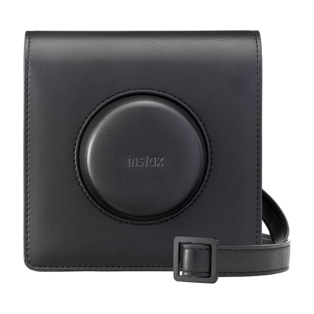 INSTAX WIDE Evo Camera Case in black with a square shape and rounded lens cover embossed with the Instax logo, featuring tone-on-tone stitching and an adjustable shoulder strap, suitable for carrying the Instax Wide Evo hybrid instant camera and often used for protecting small electronics during travel.