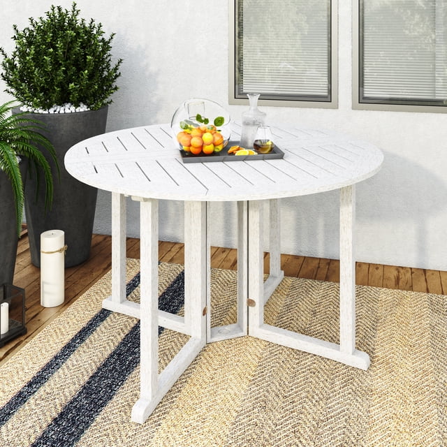 CorLiving Miramar Solid Hardwood Outdoor Drop Leaf Collapsible Round Dining Table with Slat Top, White