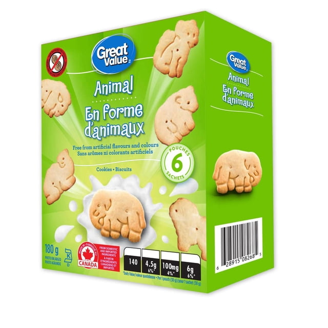 Great Value Animal Cookies box with green background featuring six pouches of peanut-free animal-shaped cookies including bears and elephants, made in Canada, free from artificial flavours and colours, 180 g pack suitable for kids' snacks and school treats.
