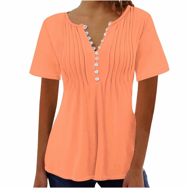 AherBiu Womens Tops Summer Button Round Neck Solid Color Ruched Dressy Casual Loose Tunics Tshirts