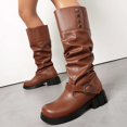 thumbnail image 2 of Slouchy Motorcycle Riding Combat Boots for Women Studded Leather Buckle Square Toe Knee High Cowboy Tall Boots, 2 of 6