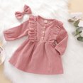 thumbnail image 4 of Toddler Baby Girl Fall Spring Dress Corduroy High-Waist Ruffle Buttons Princess Dress With Bow Headband, 4 of 7