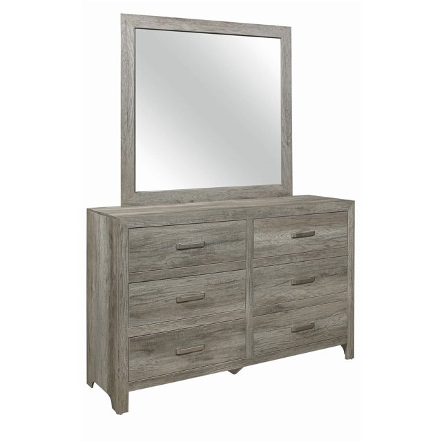 Topline Home Furnishings Weathered Grey Dresser with Mirror includes a rectangular mirror framed in weathered grey faux wood veneer above a six-drawer dresser with satin nickel bar pulls and metal on metal glides, designed for bedroom storage and also suitable for organizing accessories or linens.
