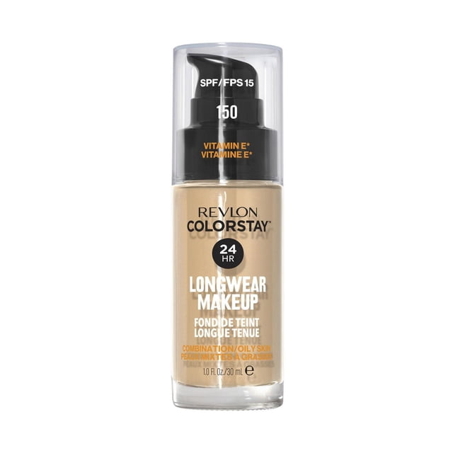 Revlon Colorstay™ Longwear Makeup Combo/Oily, 30mL liquid foundation in a clear pump bottle, formulated with SPF 15 and Vitamin E for combination and oily skin, offering 24-hour wear with oil control, waterproof and transfer-resistant properties, suitable for humid climates.