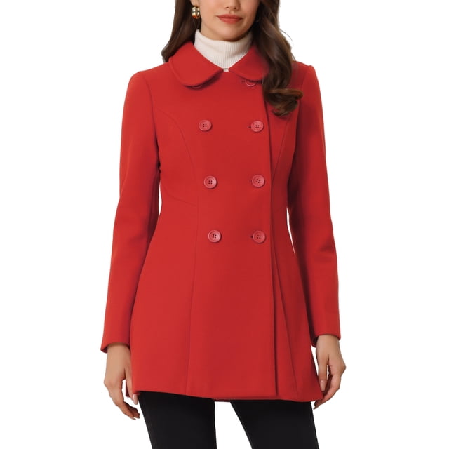 INSPIRE CHIC Manteau Caban Long d'Hiver à Double Boutonnage pour Femme à Col Peter Pan m Rouge
