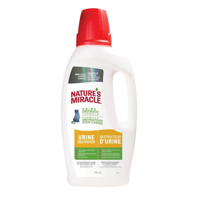 Nature's Miracle Urine Destroyer pour Chats, Bouteille Verseuse de 946 ml avec Bouchon Rouge et Contenant en Plastique Blanc, Formule Enzymatique Qui Décompose les Taches d'Urine de Chat et les Odeurs sur les Tapis, les Planchers Durs et les Tissus, Sans Danger pour les Animaux et la Maison.