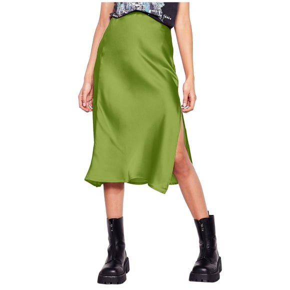 Fgnfyis Satin Midi Skirt Womens High Waist Solid Color Casual Slit Skirt with Elastic Waist Long Skirts for Women Mint Green M