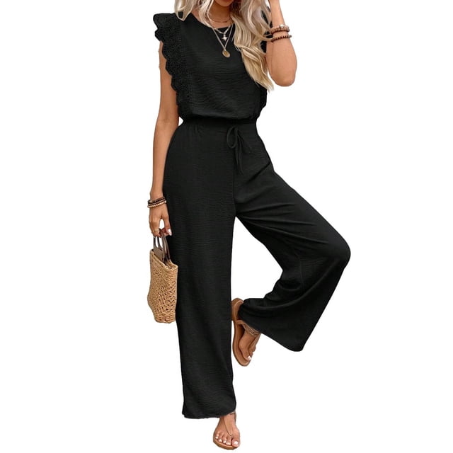 Jumpsuits for Women Summer Ruffle Sleeves Square Neck Rompers Drawstring Overalls with Pockets Black S