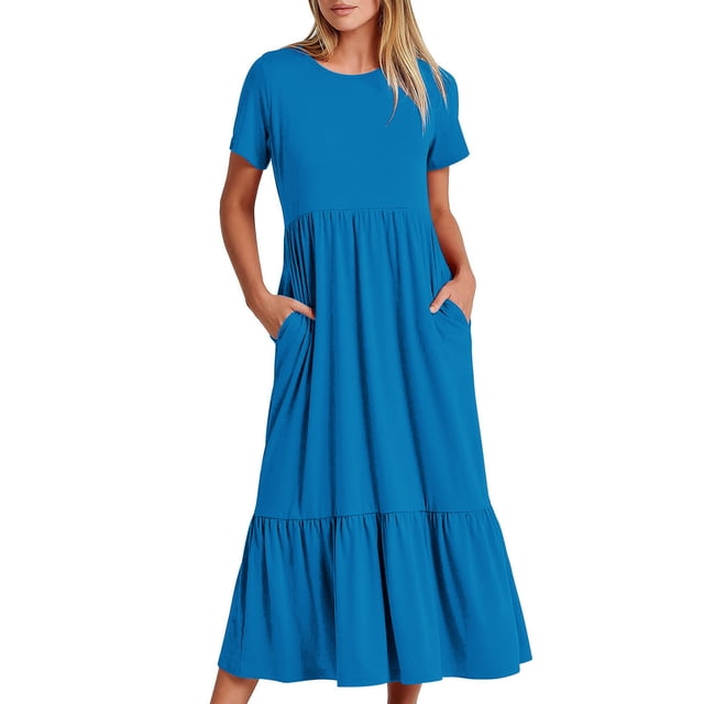 AherBiu Robe T-Shirt Décontractée d'Été pour Femme à Manches Courtes, Col Ras du Cou, Fluide, à Volants, Maxi, de Plage, avec Poches