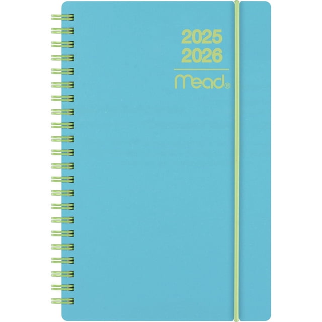 2026 Mead® Colour Pop Weekly Pocket Planner with teal poly cover, twin wire binding, and yellow elastic bungee closure, covering July 2025 to December 2026. Compact 4-1/4 by 6-1/8 inch planner suitable for organizing weekly and monthly schedules in office and school settings.