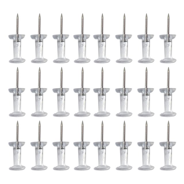 MasteelfCA 300Pcs Transparent Pushpins Map Push Tacks for School Home Office. A set of clear pushpins with stainless steel tips, arranged in rows. Ideal for pinning maps, photos, calendars, and lightweight objects. Made of durable plastic and metal, with blunted tips for safety.