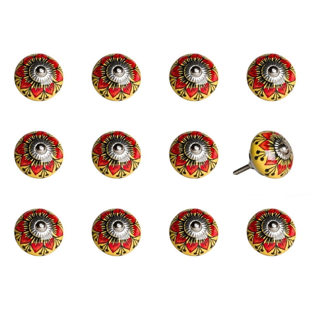 KNOB-IT vintage handpainted ceramic knobs 12-pack featuring round yellow knobs with red and black floral pattern and silver metal center, one knob shown from side with bolt, suitable for cabinet and drawer hardware, often used to refresh furniture easily.