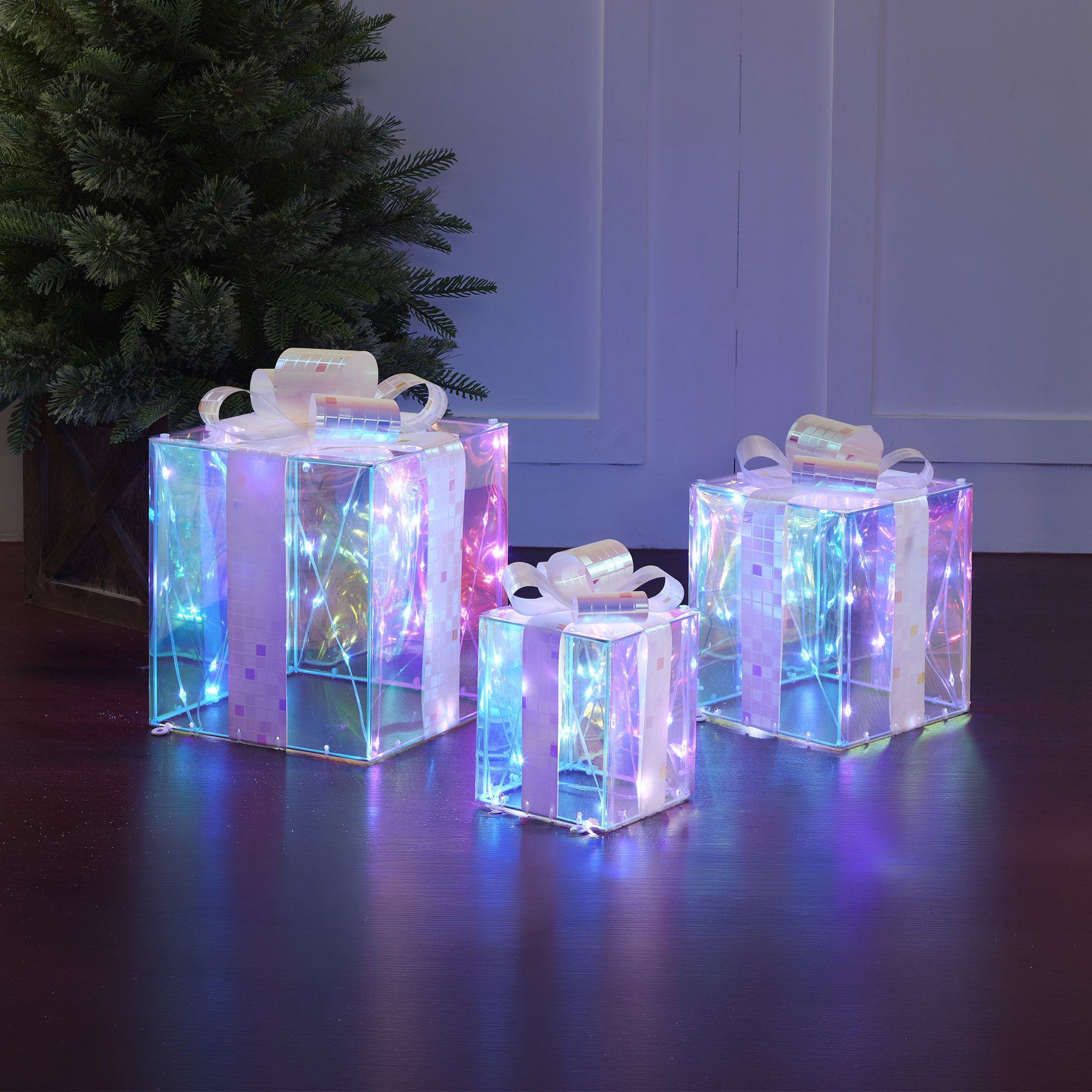 Holiday Time Set of 3 Light-up Prismatic Gift Boxes Christmas Décor, with 80 Cool White LED Lights