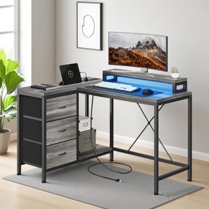 Kojooin Bureau d'ordinateur d'angle, L-Shaped avec LED, Tiroirs de stockage & Sorties d'alimentation